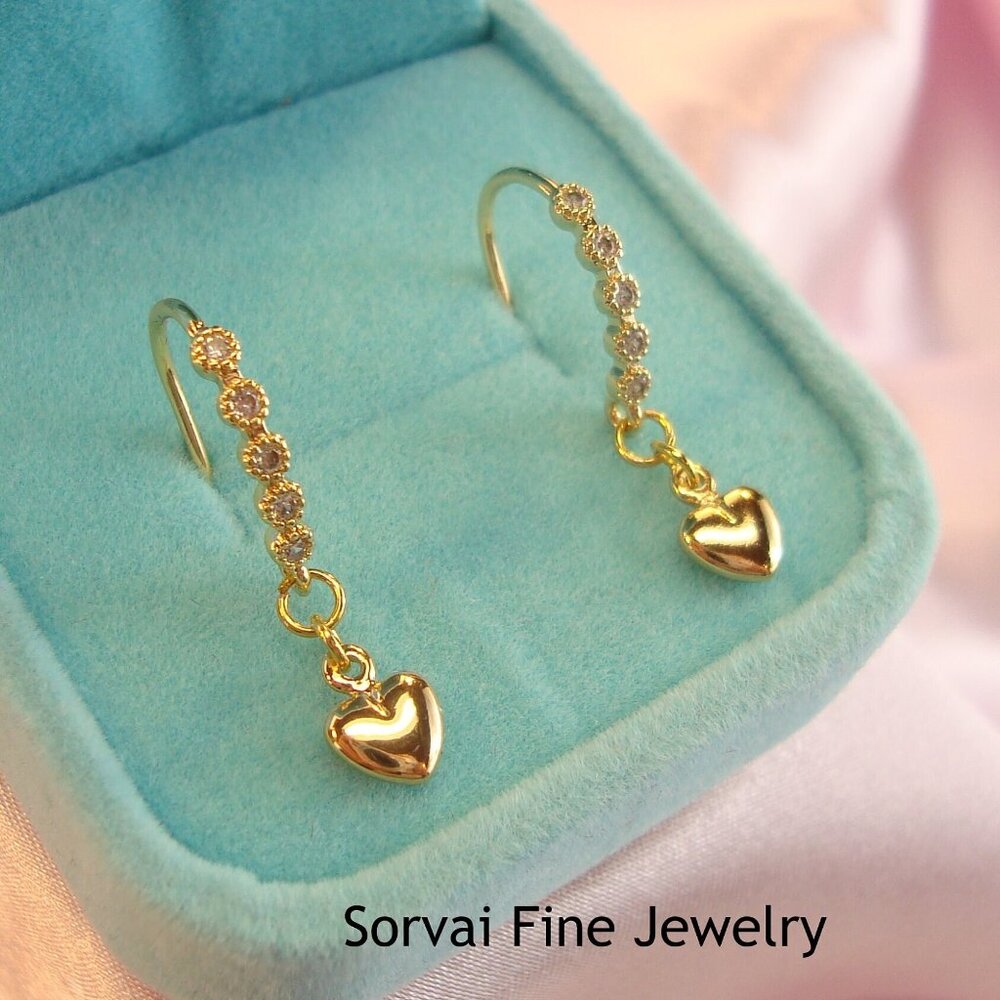 Gold Petite Heart Danglers with Tiny Cubic Zirconia Gemstone Earrings